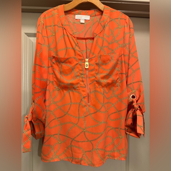 MICHAEL KORS ZINNIA Orange Gold Chain Print Blouse size M - Picture 3 of 12